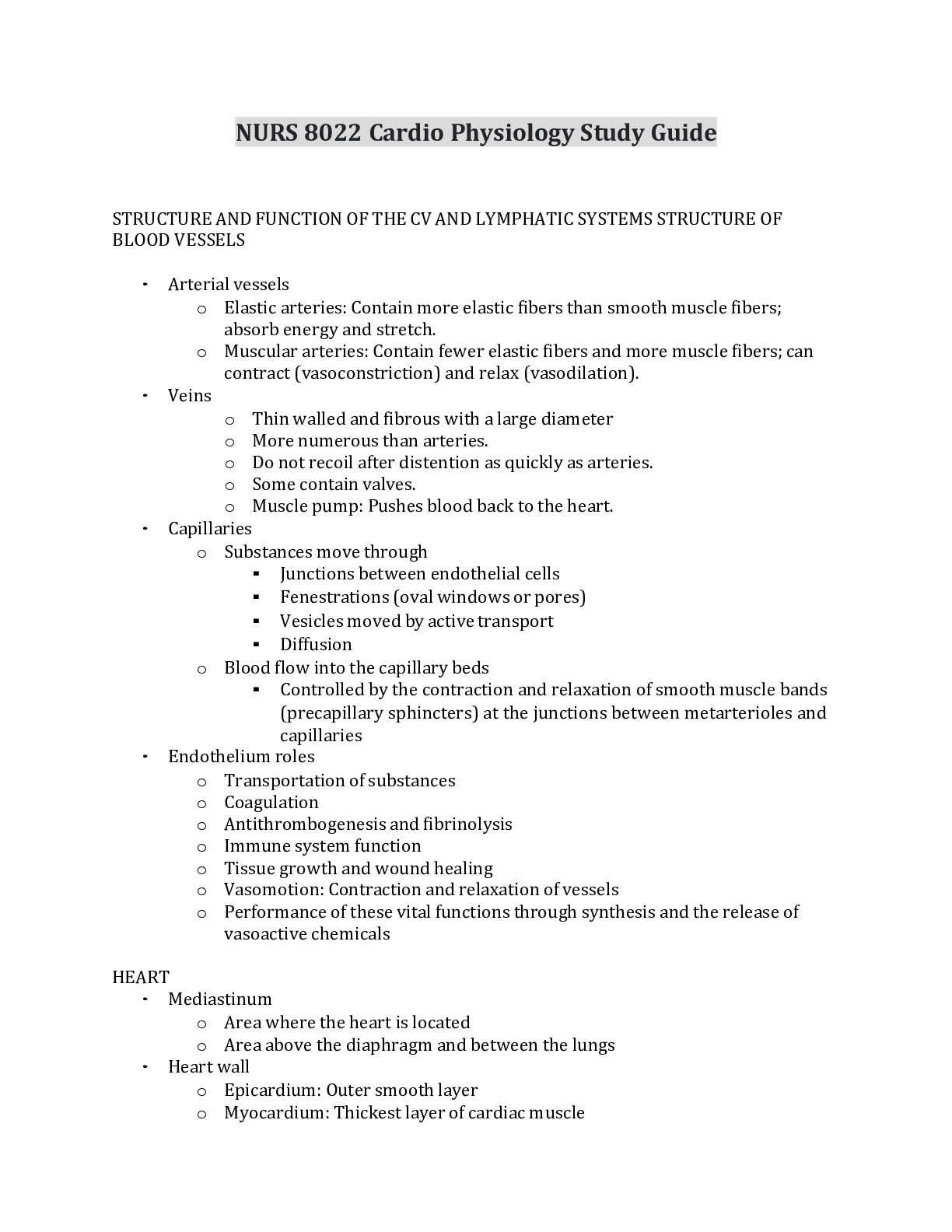 Preview of NURS 8022 Cardio Physiology Study Guide